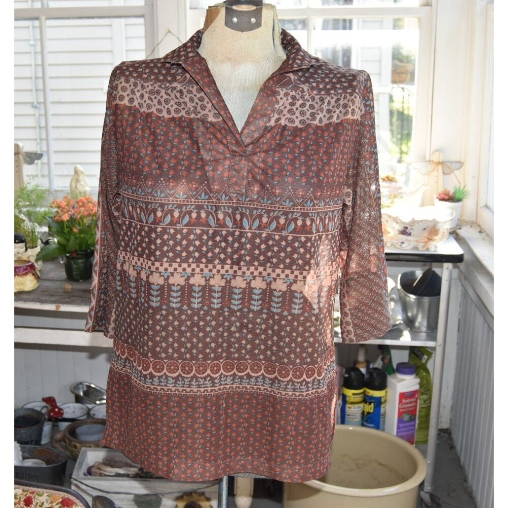 Vintage 1970s Blouse Boho Floral Geometric Print Tunic Sheer Brown M-L
